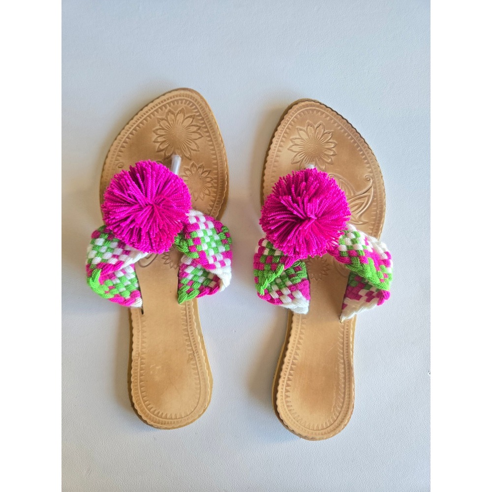 Katico Pink Green Woven Pom Pom Thong Sandals Size 8 Boho Resort Festival